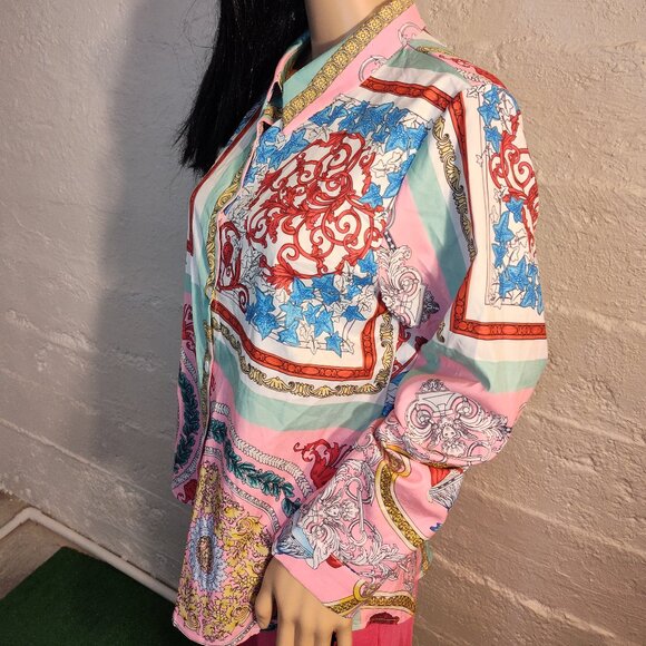 Unbranded Designer Style Paisley Pink Blue White Button-up Long Sleeve M-L - Picture 6 of 10